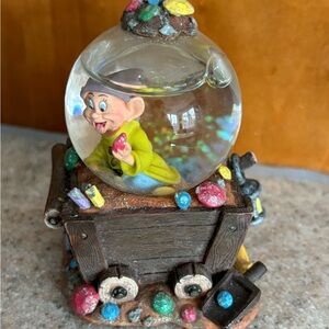 Disney Snow White  Dopey Snow Globe Figurine on Mine Cart Colorful Gems